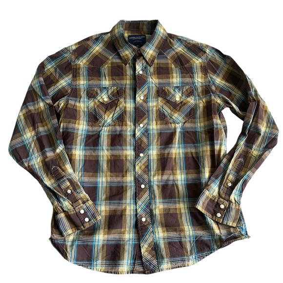 American Eagle Outfitters Men’s Western Plaid Snap Button Shirt Brown Large - Picture 1 of 5